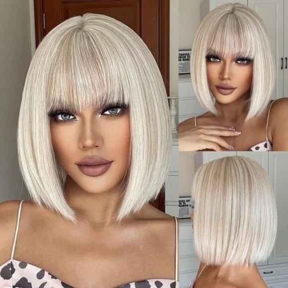 Short Bob Blonde Wig with Brown Highlights - Picture 1 of 1